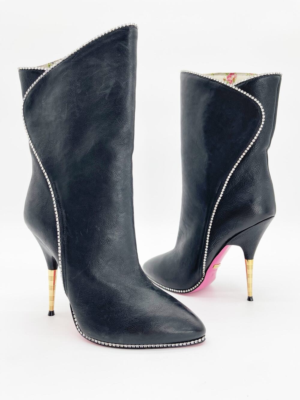 Gucci Fosca Black Leather Crystal Trim Pointed Toe Stiletto Heeled Boots EU 37
